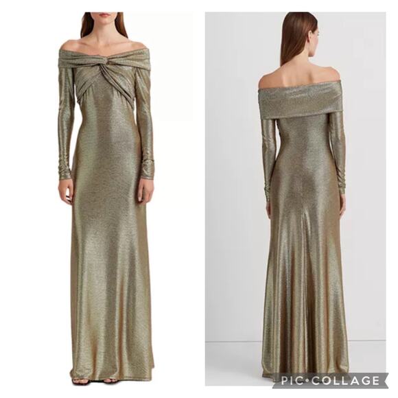 Lauren Ralph Lauren Gold Metallic Off The Shoulder Gown Off The Shoulder Size 6 - Picture 1 of 7